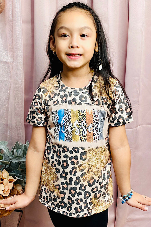 Blessed leopard & sparkled printed girls top DLH1108-21