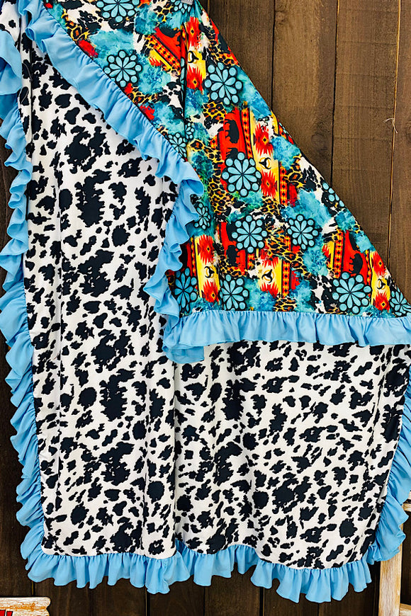 Aztec & jewel printed cow reversible baby blanket w/ruffle DLH1212-7