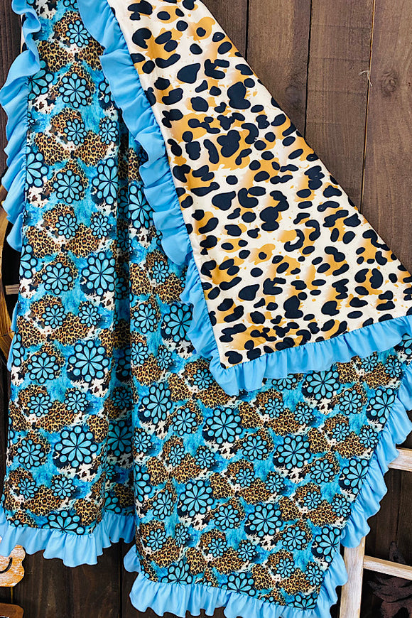 Turquoise leopard & jewel printed baby blanket w/ruffle DLH1212-9