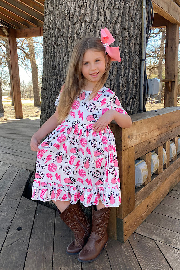 White/cow multi printed girls dress w/bow included DLH1215-02 (A1S3)