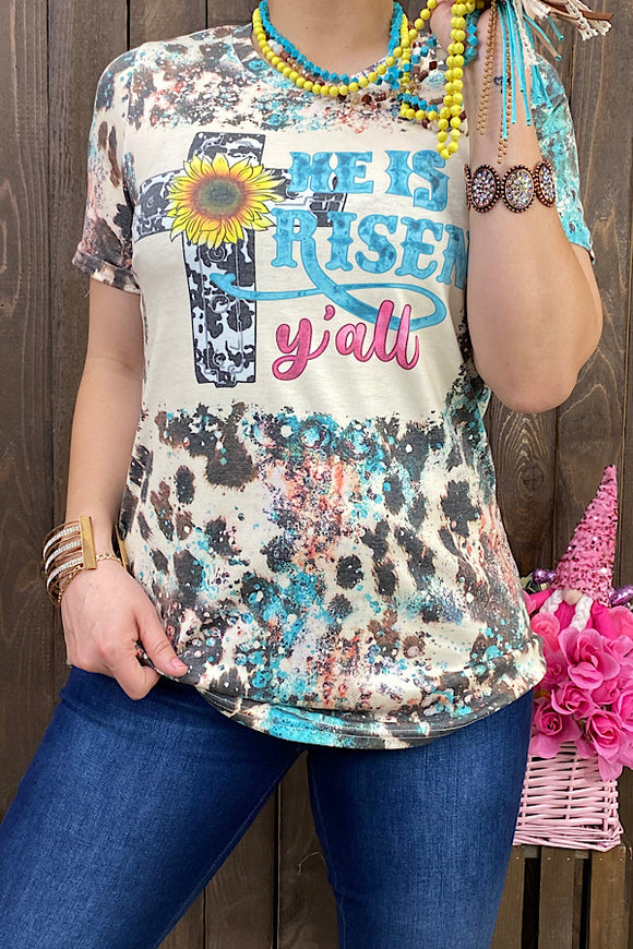 HE IS RISEN Y'ALL Cow printed turquoise top DLH12641