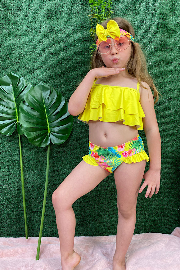 Yellow tropical print girl swimming suite 2pcs set DLH2335