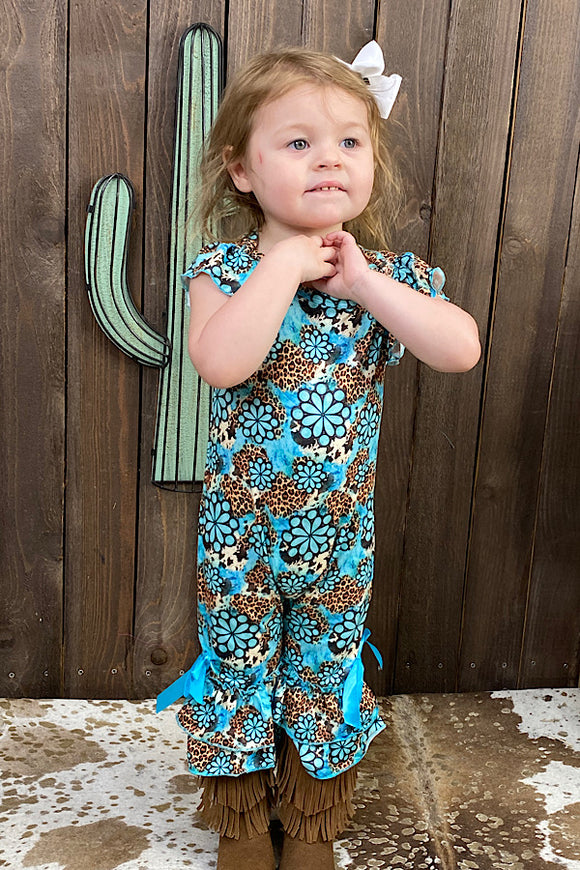 Turquoise jewel & leopard printed baby romper DLH1124-8