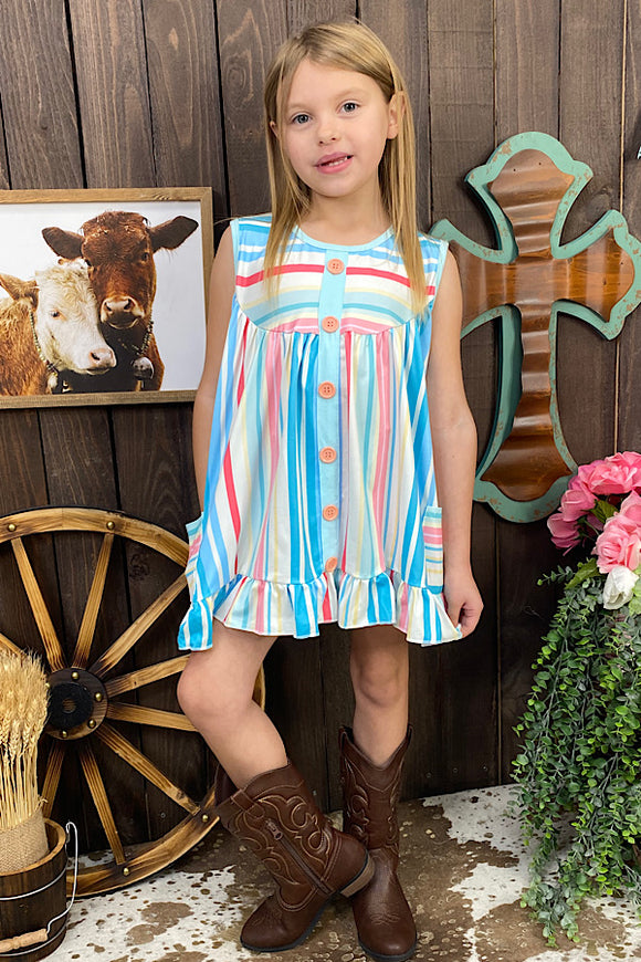 (A3S4) Multi color striped girls tunic dress w/pockets & bloomers