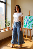 Restock---Blue denim color straight ruffle wide leg women pant XCH16416