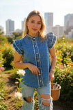 Denim blue flutter short sleeve fringed women top w/buttons up XCH165522
