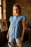 Denim blue flutter short sleeve fringed women top w/buttons up XCH165522