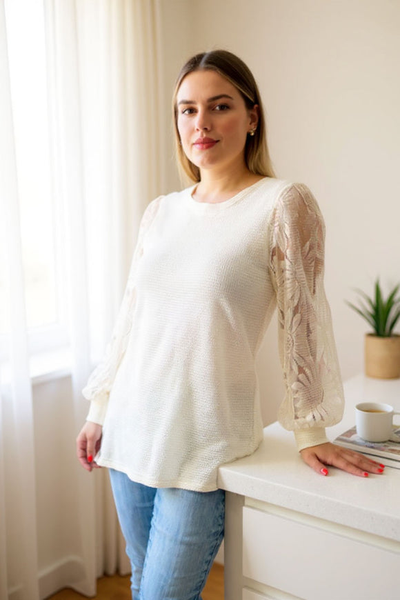 Restock---Cream knit fabric lace long sleeve women blouse XCH16402