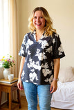 Charcoal and White Floral V-Neck Women Blouse W/Pleated sleeve XCH16204 CS7