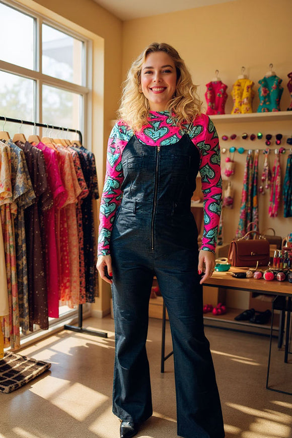 Fuchsia turquoise poker printed mesh sheer long sleeve top XCH16359