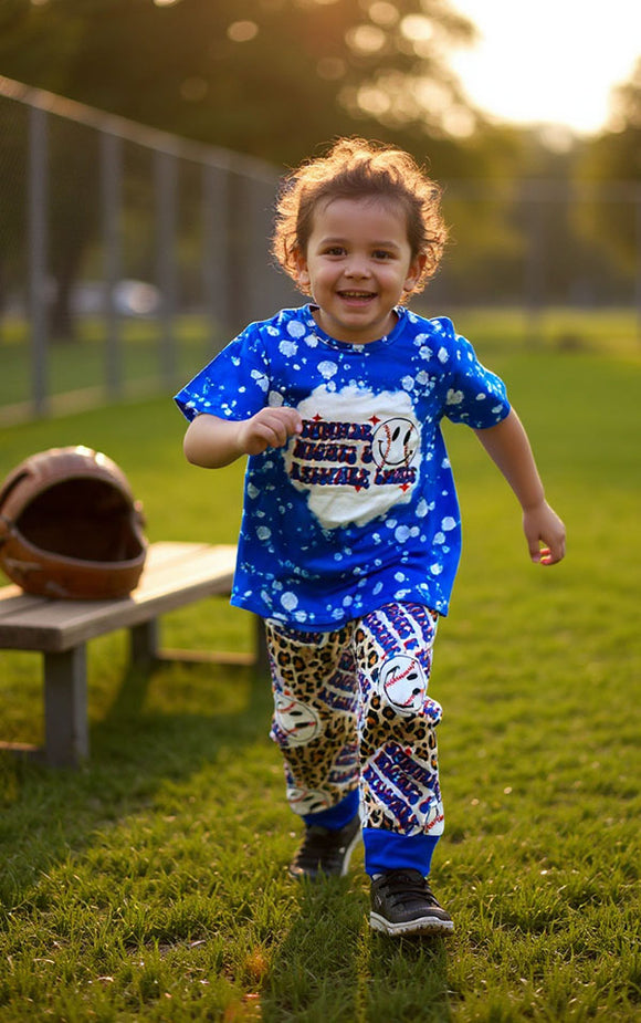 Wholesale unisex children clothes Blue baseball & leopard printed girl set 11898MZ