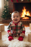 Christmas plaid long sleeve unisex baby romper with double zippers DLH2839