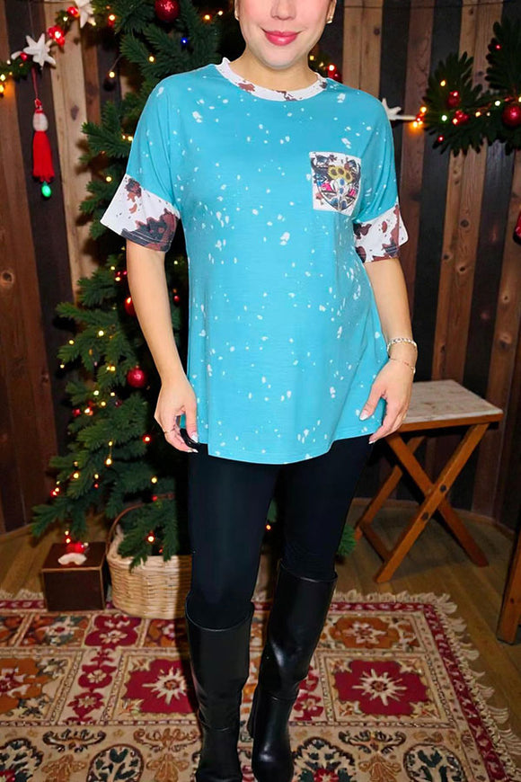 XCH13014 Blue splash bull skull cow printed short sleeve women top (FS3)