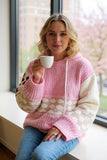 Checkered Flower Pink knitted loose style women hoodie sweater MY15306 IS7 top