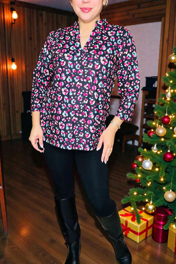 Leopard printed V-neckline roll up 3/4 sleeve women's top BQ15686 FS4