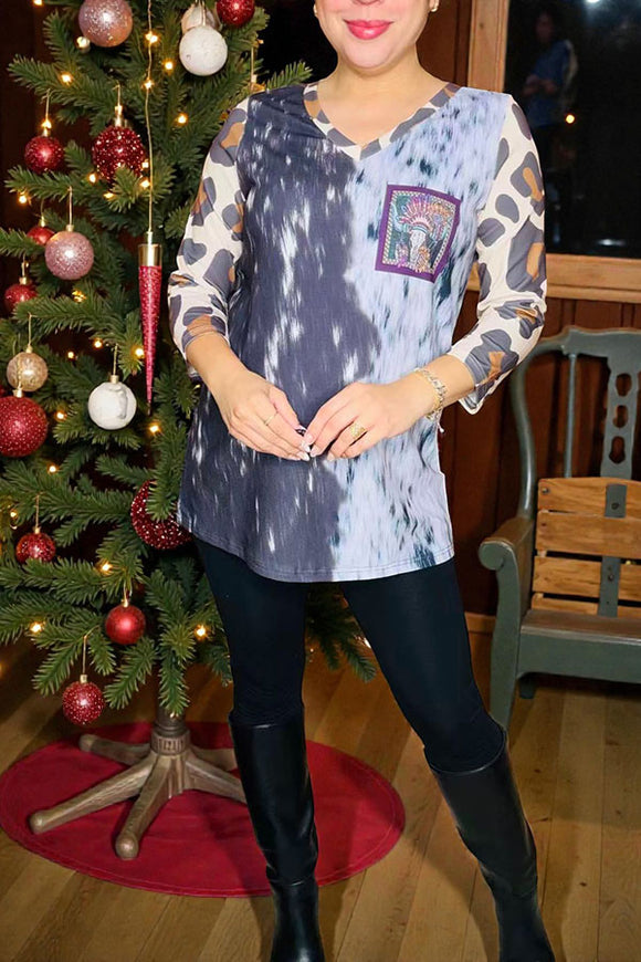 Western half tie dye leopard 3/4 sleeve & bull printes women top XCH14766 (GS1)