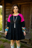 Fuchsia & Black & Western printed raglan long sleeve women dress BQ13861 BS7