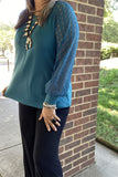 XCH15449 Turquoise solid color long sleeve/lace raglan design women tops