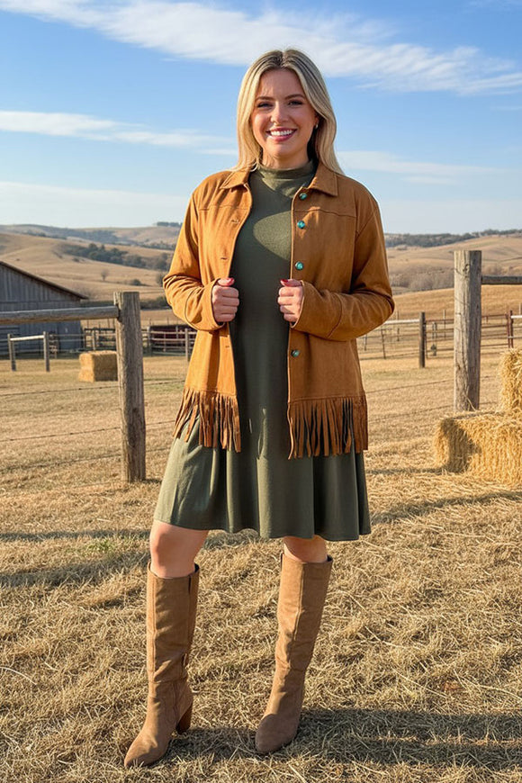 Western brown fringed suede long sleeve women jacket XCH16427 DS1