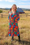 Orange & Blue & Fuchsia flower printed 3/4 sleeves women dress GJQ16289 (BS7)