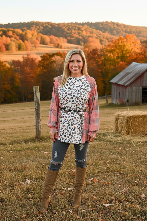 Western pluse size leopard & checked printed raglan long sleeve women blouse YMY14151 (BS4))