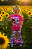 Western cute cow print pink top bell bottom 2pc girls sets 12155MZ (A6S7)