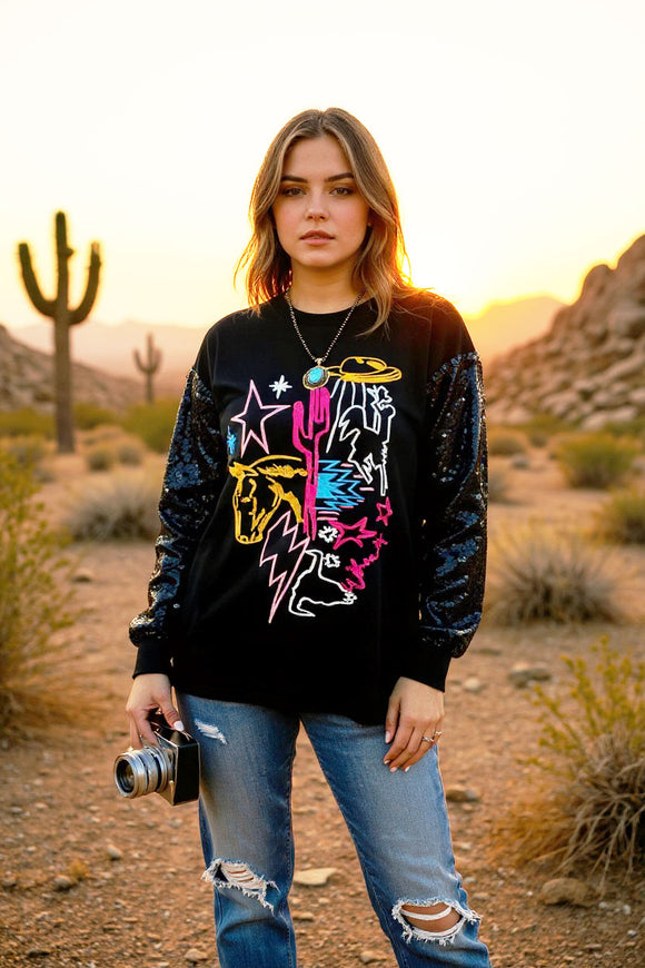 Black western embroidery & sequin long sleeve women blouse XCH15788 GS5