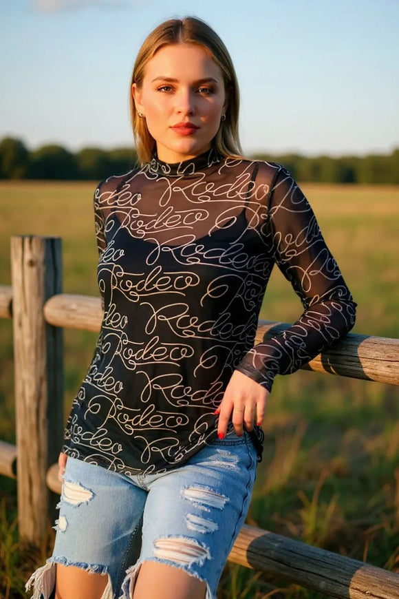 RODEO printed black mesh long sleeve women top  XCH16565(IS5)