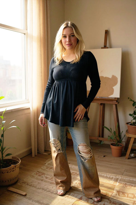 Black baby doll design long sleeve upper knitted fabric women tops XCH15735 /FS1