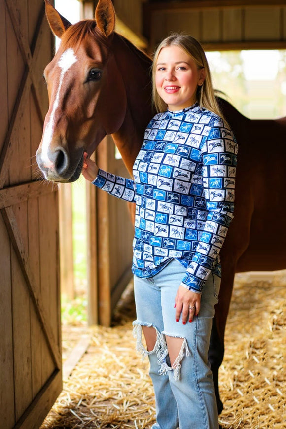 Western horse riding printed mesh sheer long sleeve blue women top XCH16584