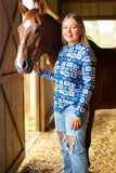Western horse riding printed mesh sheer long sleeve blue women top XCH16584