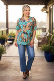 Western turquoise & brown flower jewels women's boutique top Southern Stitch GJ017512