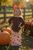Brown top pumpkin print bell bottom boutique girls clothing sets DLH2597 (A8S4)