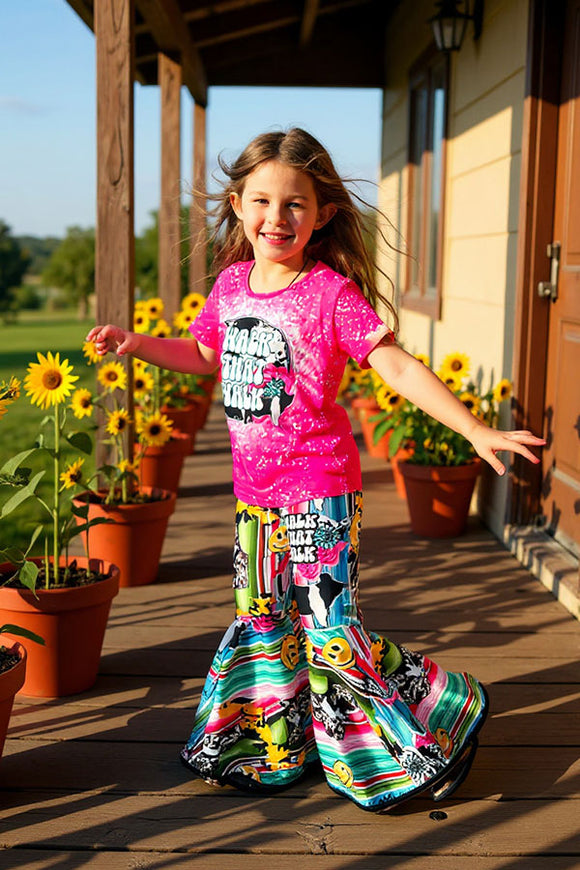 WALK THAT WALK pink top & printed bell bottom 2pc girls sets XCH0777-12H (A4S1)