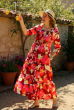 Orange floral printed 3/4 sleeves elastic chest maxi women dress GJQ16281 (AS4)