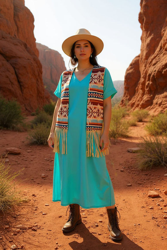 Aztec printed suede fabric women vest w/fringes GJQ14610 (AS11)