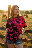 Half fuchsia & black horse printed short sleeves women top XCH14361 (CS5)