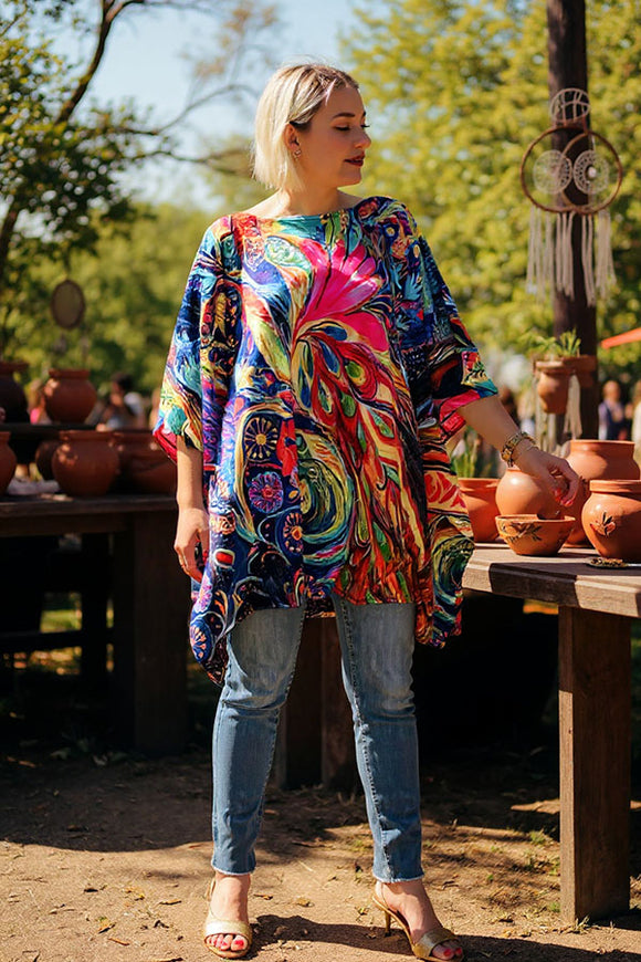 Multi color abstract painting satin casual blouse women's poncho XCH16210 BS1
