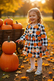 Cute pumpkins on black/white plaid girls dress DLH2627 9S3