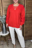 Red knit fabric lace patch long sleeve women blouse w/criss cross neckline BQ15976 FS6