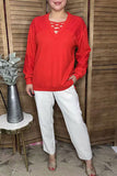 Red knit fabric lace patch long sleeve women blouse w/criss cross neckline BQ15976 FS6