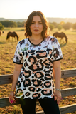 Western & leopard prints color block short sleeve women top XCH15062 IS1