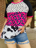 XCH14275 Star&Leopard block black fuchsia cow multi color printed short sleeves women tops