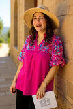 Fuchsia & floral printed color block lantern short sleeve women blouse XCH16245(FS2)