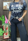 XCH14181 "Rodeo Road Trippin" words&paisley white printed short sleeve black women top (GS6)