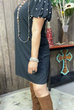 BQ15589 Black  bubble short sleeve w/pearl women dress w/side pockets