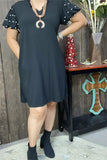 BQ15589 Black  bubble short sleeve w/pearl women dress w/side pockets