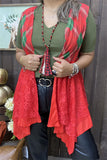 XCH15320 Red/green printed w/red lace irregular bottom with red lining women vest/cardigan