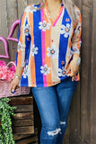 BQ15682 Navy/pink/orange stripe&sunflower multi color printed 3/4 sleeve women top w/V-neckline