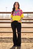 GJQ8866 Lightning yellow multi  color printed short sleeve women tops FS12